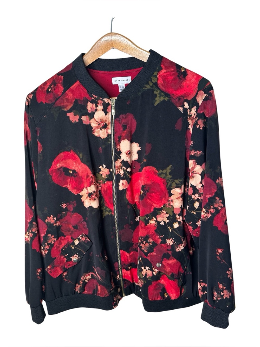 Susan Graver Satin Bomber Jacket Size 2X Dark Floral Snap Pockets Red Black